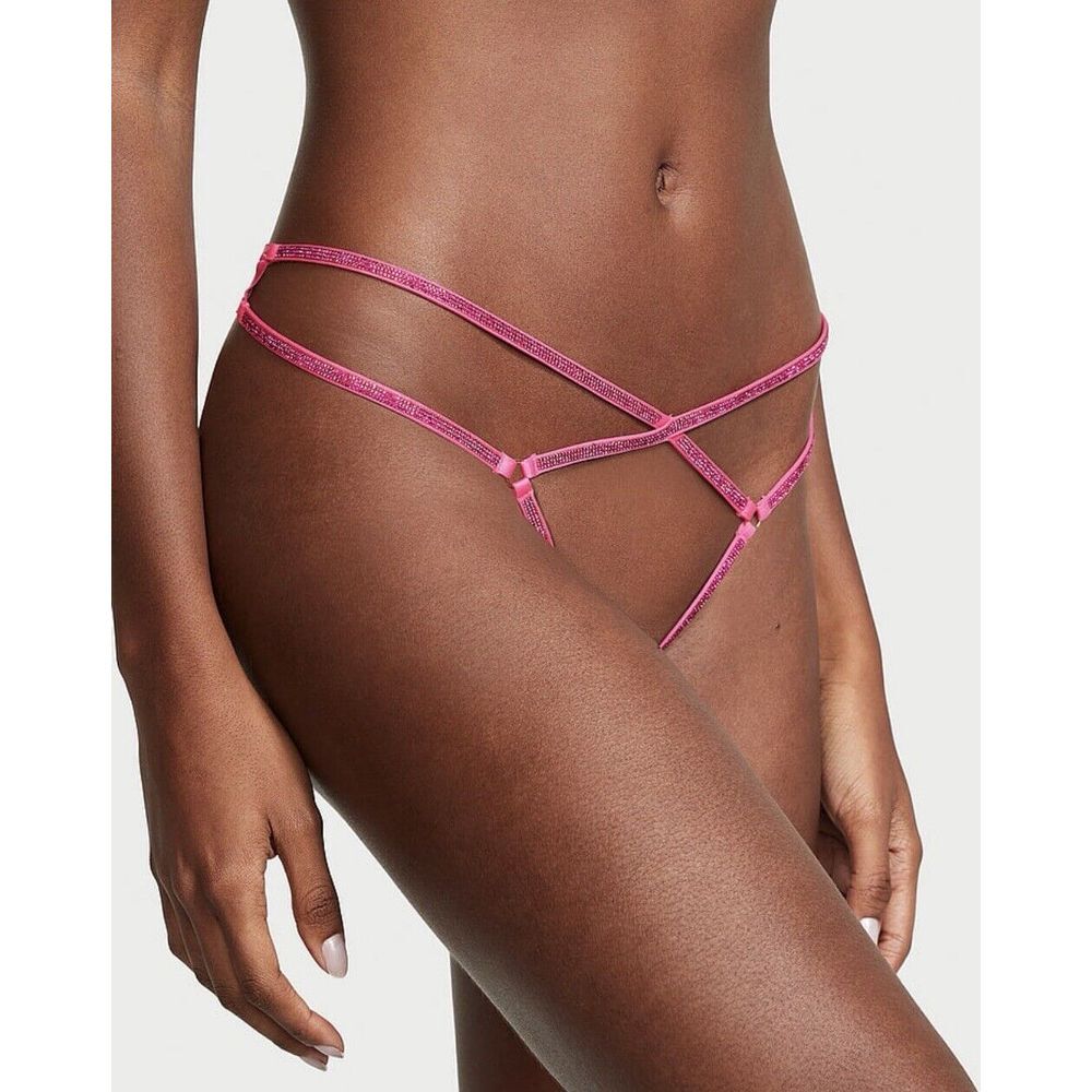 NWT Victoria's Secret Very Sexy Crotchless Shine Strappy Thong Sz M Forever Pink